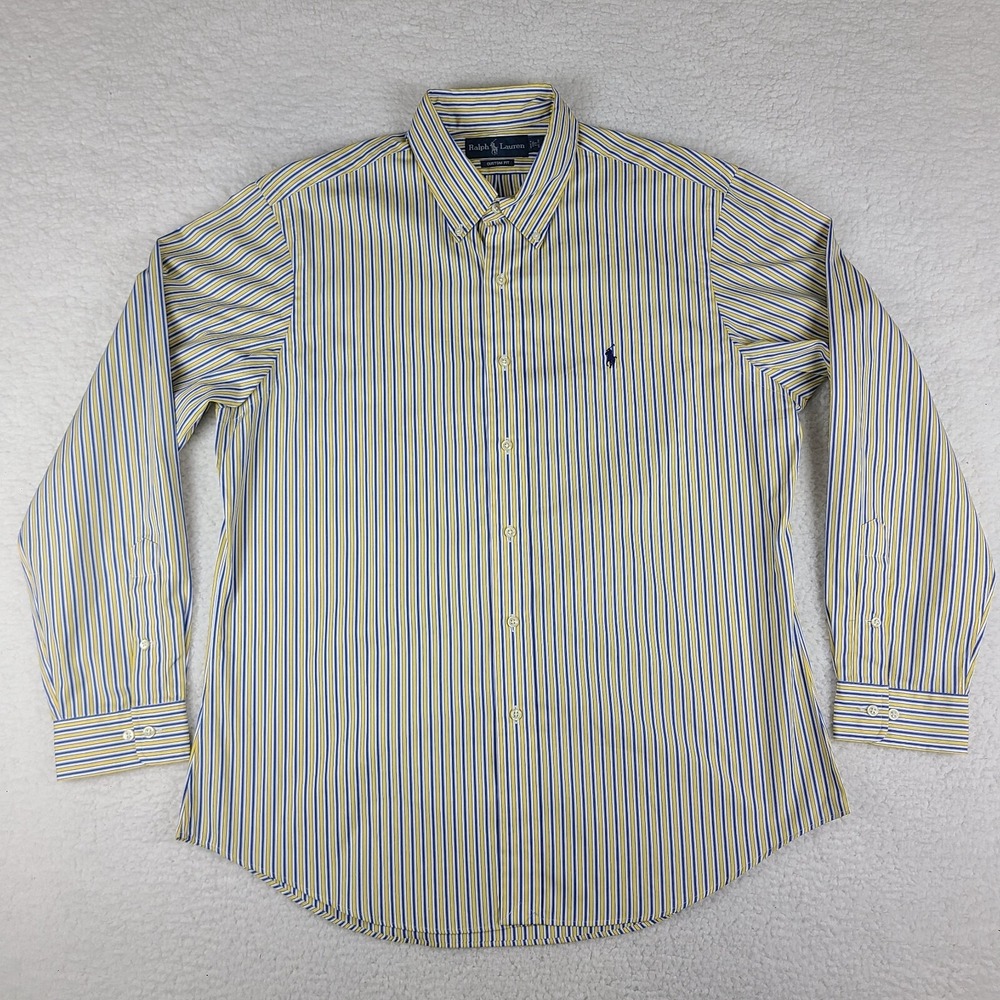 Ralph Lauren Dress Shirt Mens 17 34/35 Blue Yellow Custom Fit Button Up VTG